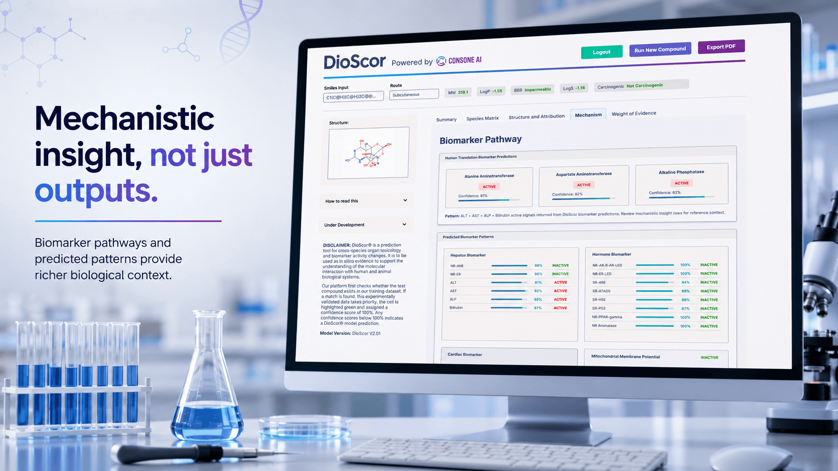 DioScor interface presenting biomarker pathways and predicted mechanistic patterns
