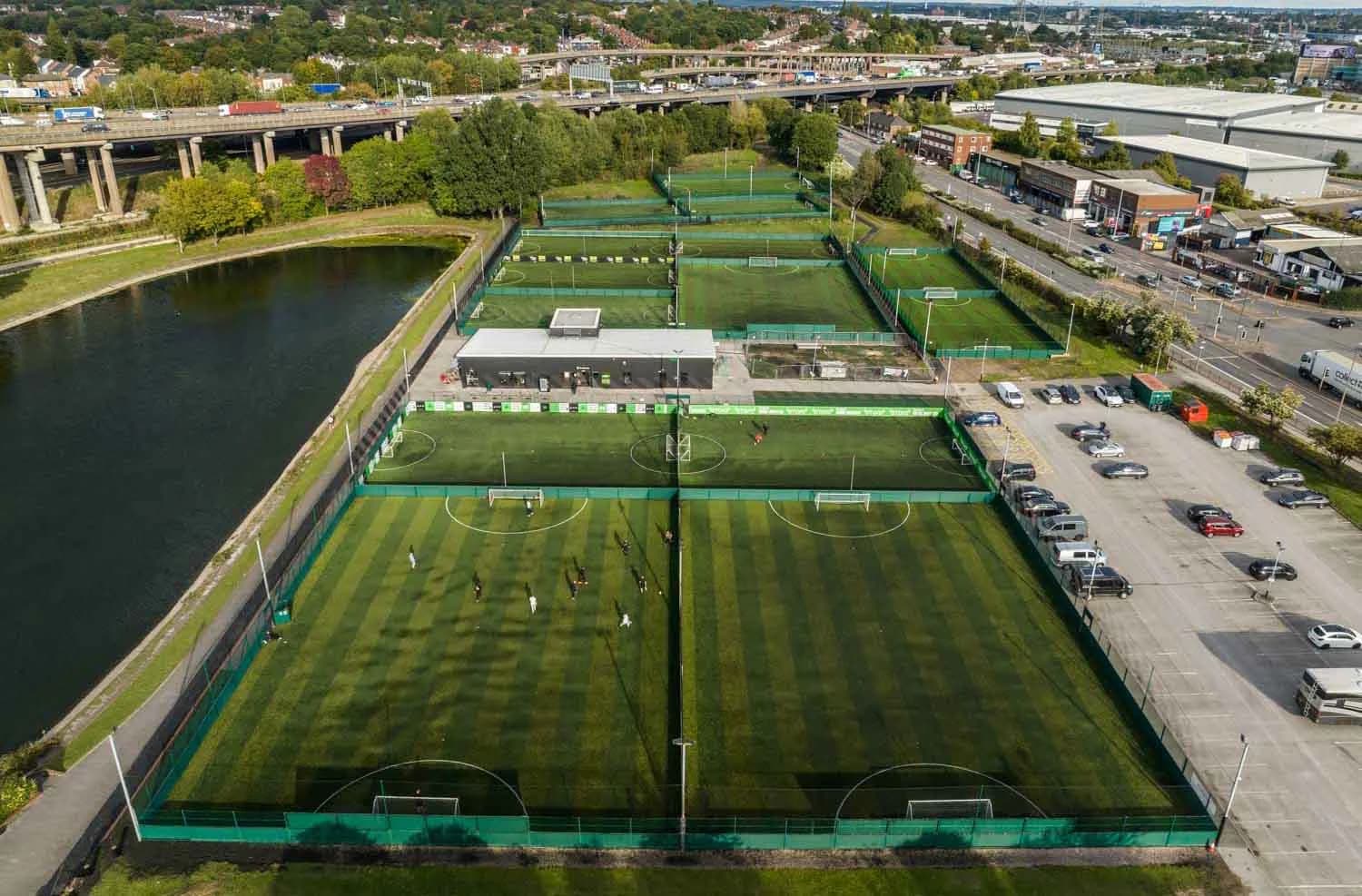 Aerial view of a multi-pitch Powerleague venue